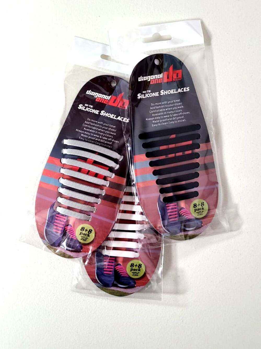 Diagonal One Shoelaces Silicone No Tie Adult Kids 3 pks White Silver Black - New